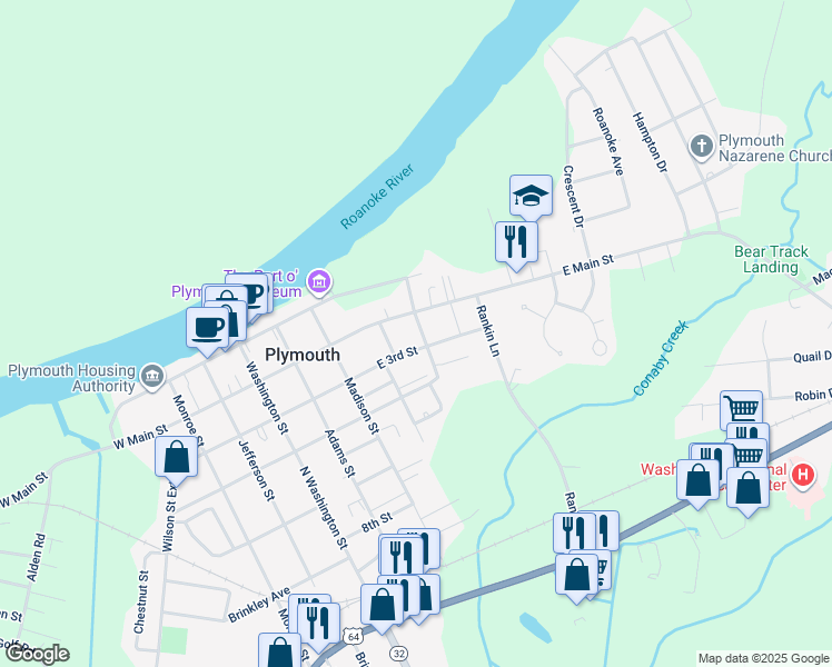 map of restaurants, bars, coffee shops, grocery stores, and more near 105 Andrew Jackson Avenue in Plymouth
