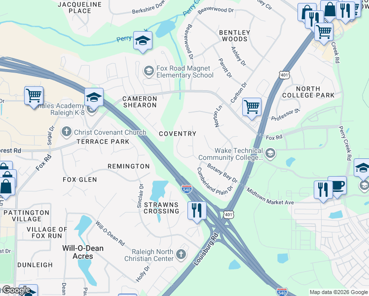 map of restaurants, bars, coffee shops, grocery stores, and more near in Raleigh