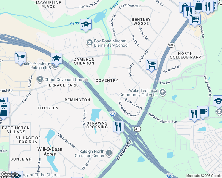 map of restaurants, bars, coffee shops, grocery stores, and more near in Raleigh