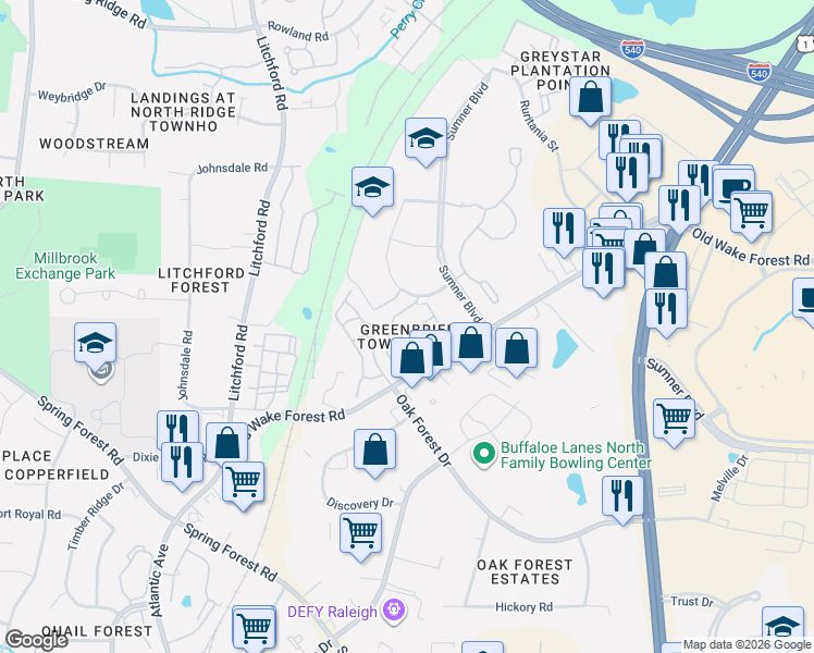 map of restaurants, bars, coffee shops, grocery stores, and more near 2911 Berkeley Springs Place in Raleigh