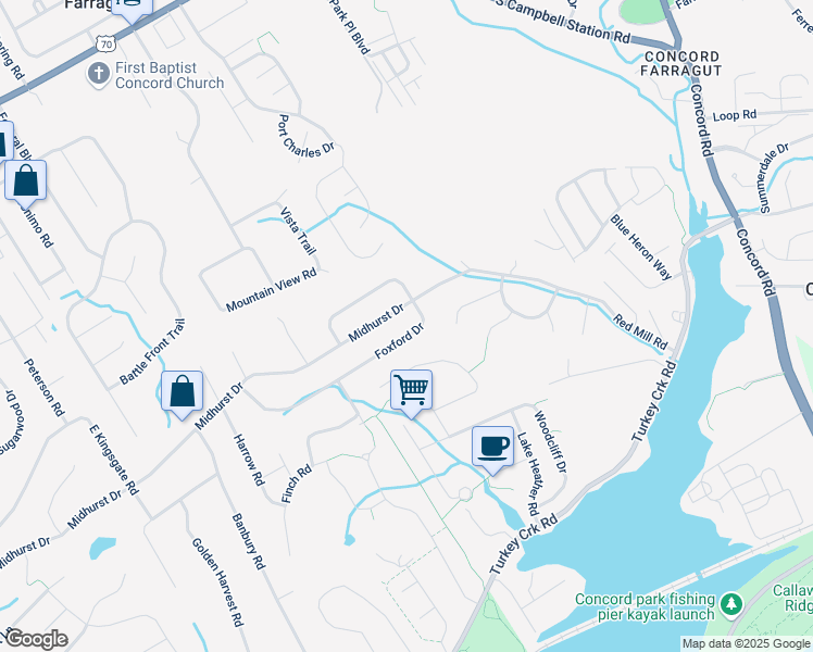 map of restaurants, bars, coffee shops, grocery stores, and more near 11526 Midhurst Drive in Knoxville