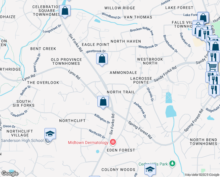 map of restaurants, bars, coffee shops, grocery stores, and more near 6309 Lewisand Circle in Raleigh
