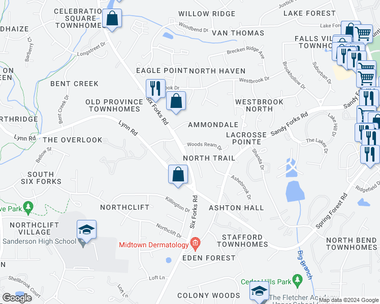 map of restaurants, bars, coffee shops, grocery stores, and more near 6309 Lewisand Circle in Raleigh