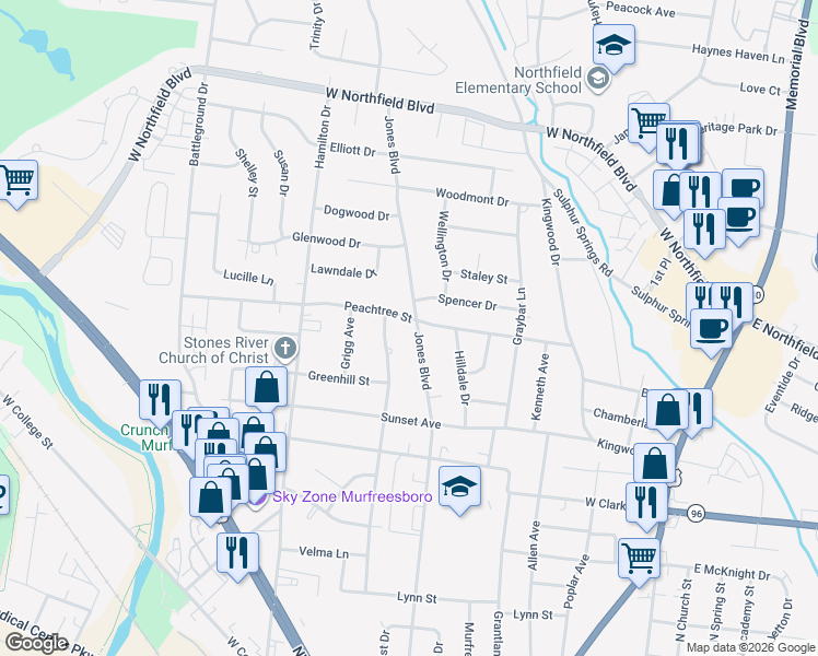map of restaurants, bars, coffee shops, grocery stores, and more near 1702 Jones Boulevard in Murfreesboro