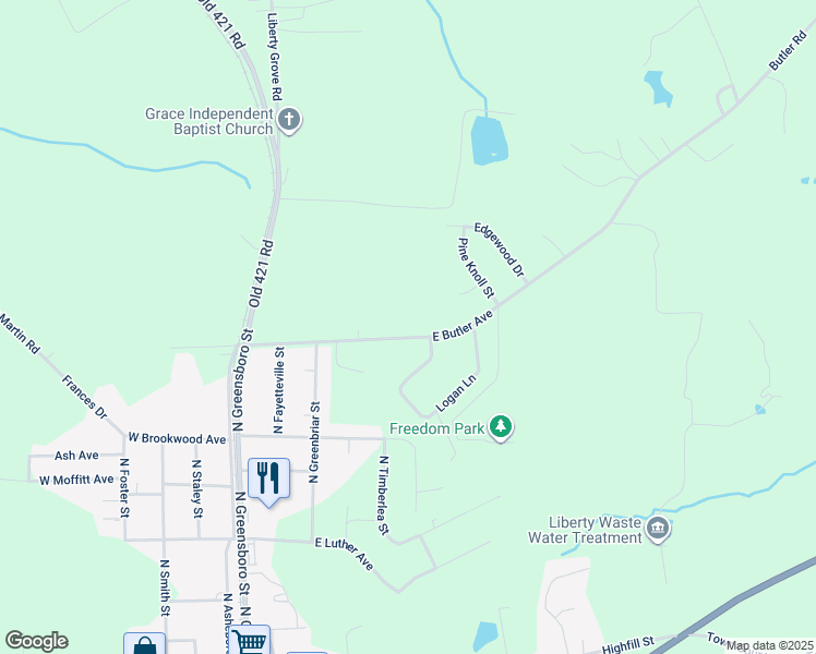 map of restaurants, bars, coffee shops, grocery stores, and more near 407 East Butler Avenue in Liberty