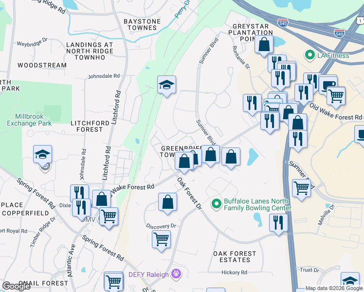 map of restaurants, bars, coffee shops, grocery stores, and more near 2911 Berkeley Springs Place in Raleigh