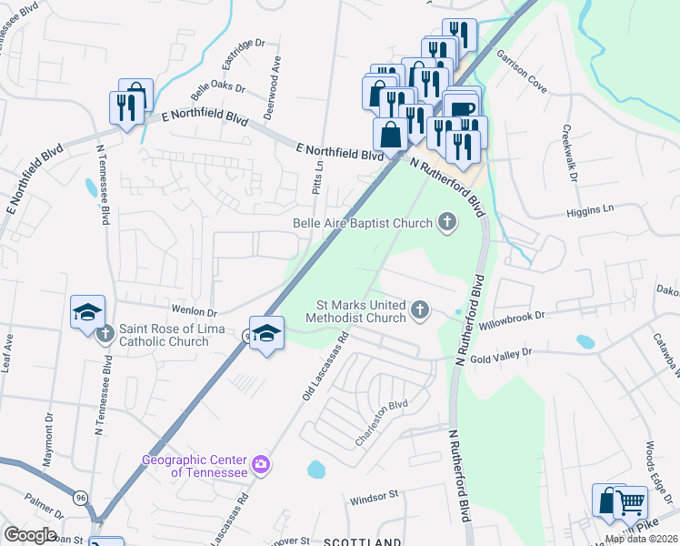map of restaurants, bars, coffee shops, grocery stores, and more near 1803 Old Lascassas Road in Murfreesboro