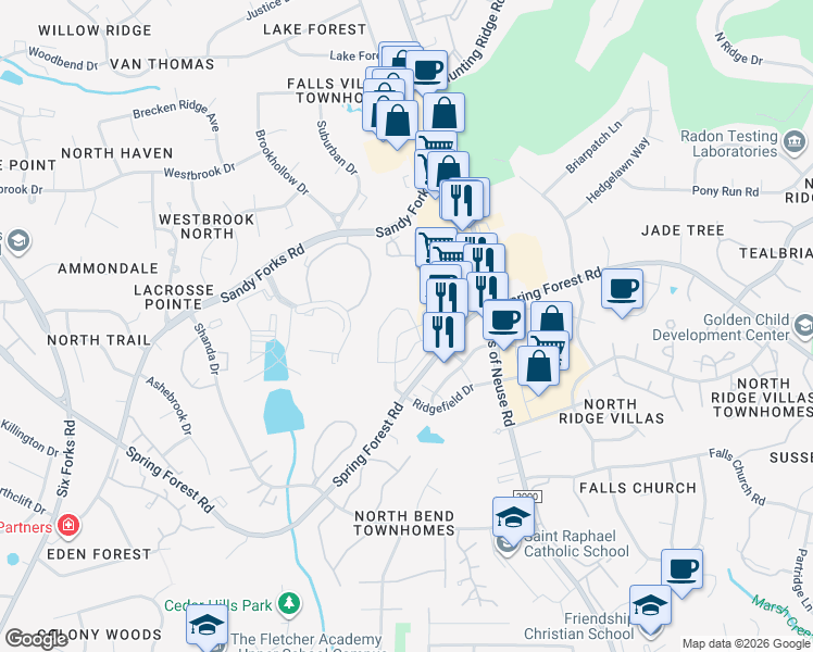 map of restaurants, bars, coffee shops, grocery stores, and more near 700 Spring Falls Drive in Raleigh