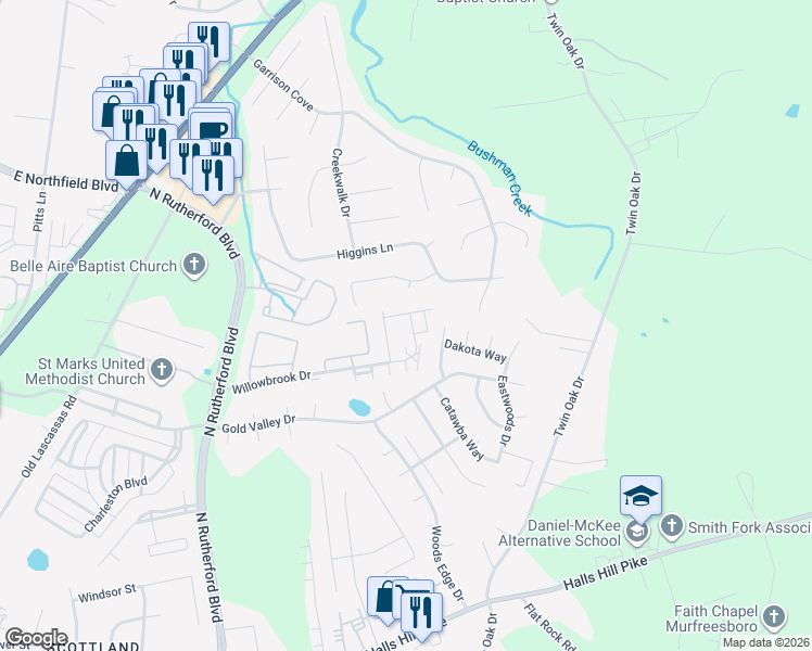 map of restaurants, bars, coffee shops, grocery stores, and more near 1802 Sawtooth Court in Murfreesboro