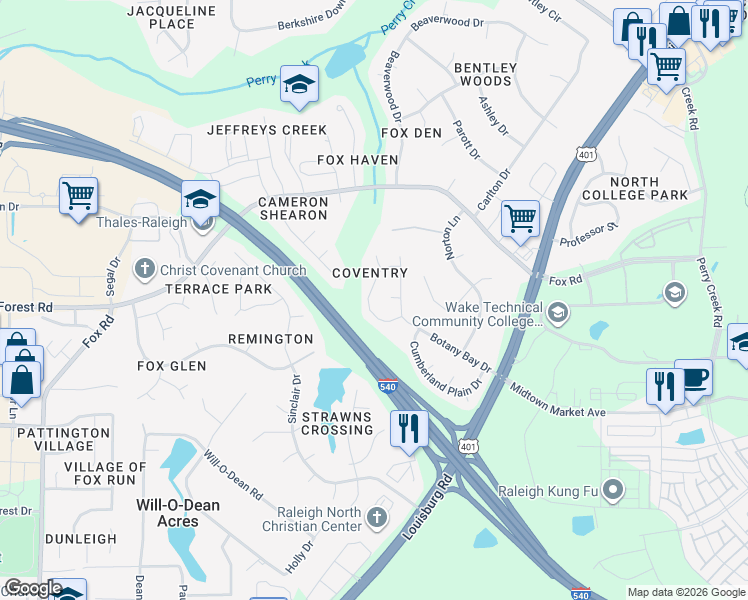 map of restaurants, bars, coffee shops, grocery stores, and more near 6844 Coventry Ridge Road in Raleigh