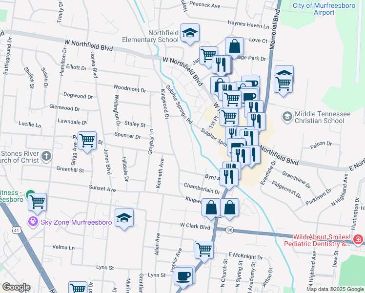 map of restaurants, bars, coffee shops, grocery stores, and more near 600 Dusan Boulevard in Murfreesboro