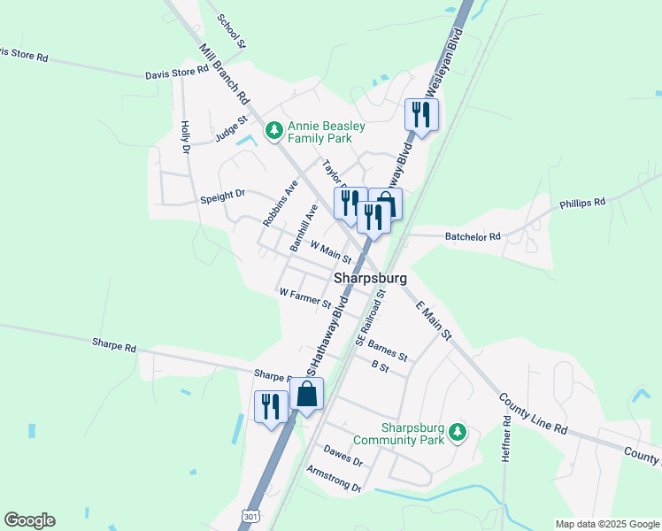 map of restaurants, bars, coffee shops, grocery stores, and more near 204 Pittman Street in Rocky Mount