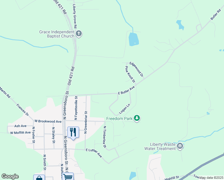 map of restaurants, bars, coffee shops, grocery stores, and more near 407 East Butler Avenue in Liberty