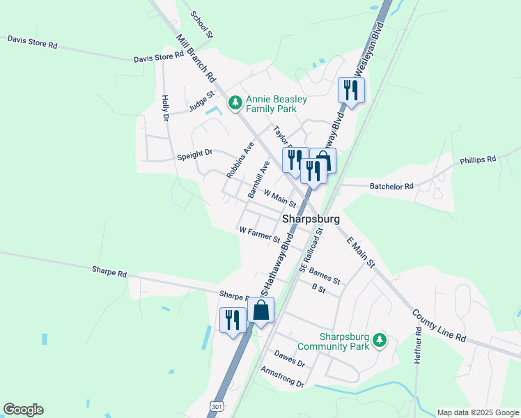 map of restaurants, bars, coffee shops, grocery stores, and more near 325 Gold Street in Rocky Mount