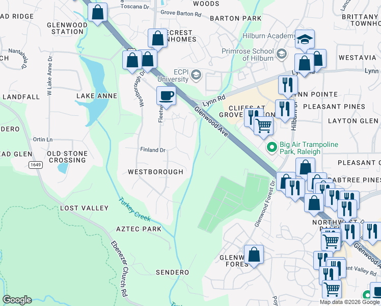 map of restaurants, bars, coffee shops, grocery stores, and more near 6234 Pesta Court in Raleigh