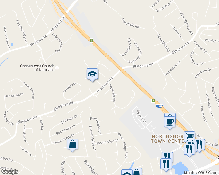 map of restaurants, bars, coffee shops, grocery stores, and more near 1607 Poplar Hill Road in Knoxville
