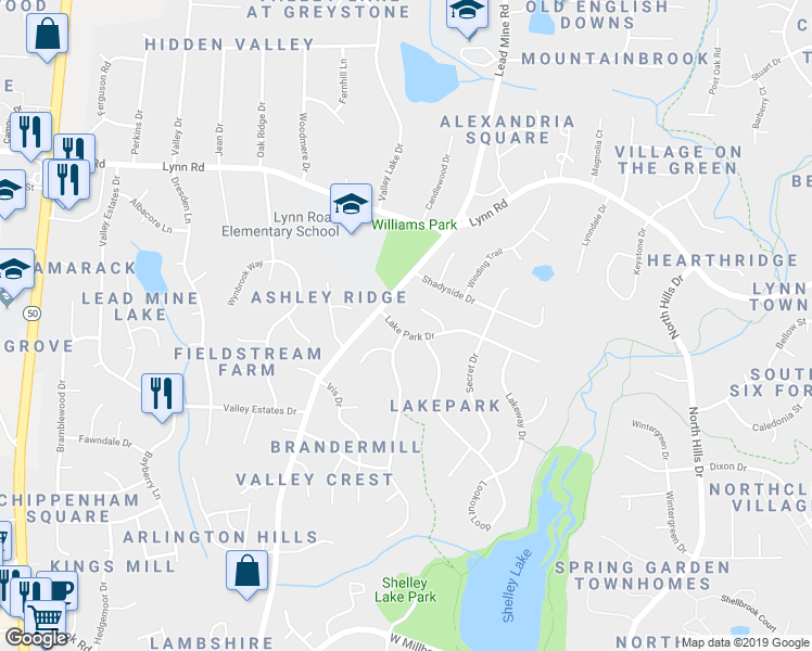 map of restaurants, bars, coffee shops, grocery stores, and more near 1808 Lakepark Drive in Raleigh