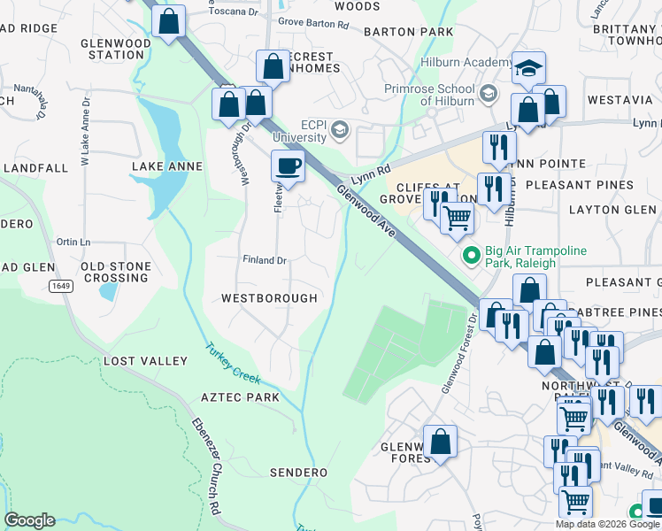 map of restaurants, bars, coffee shops, grocery stores, and more near 6234 Pesta Court in Raleigh