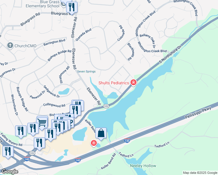 map of restaurants, bars, coffee shops, grocery stores, and more near 1919 Northshore Hills Boulevard in Knoxville