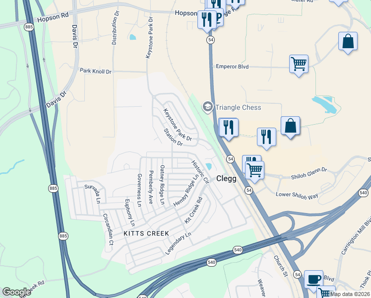 map of restaurants, bars, coffee shops, grocery stores, and more near 207 Station Drive in Morrisville
