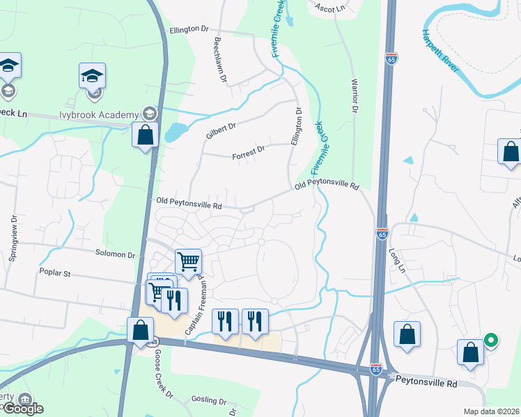 map of restaurants, bars, coffee shops, grocery stores, and more near 221 Old Peytonsville Road in Franklin
