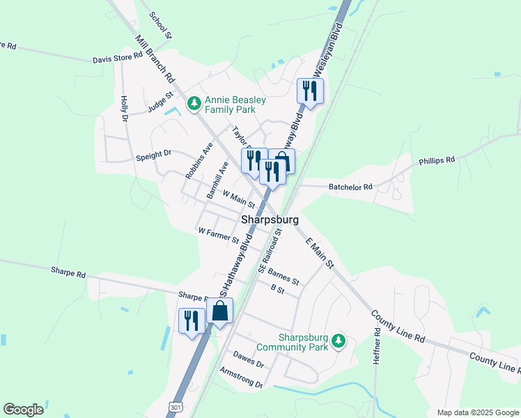 map of restaurants, bars, coffee shops, grocery stores, and more near 225 West Main Street in Elm City