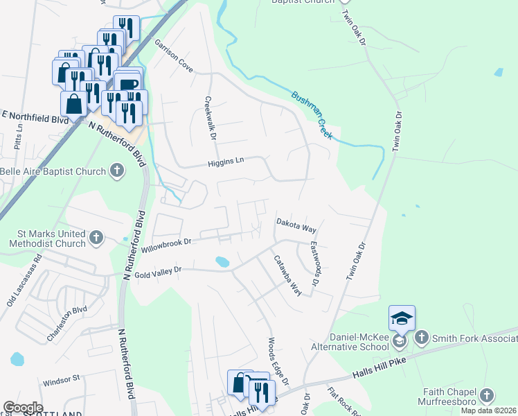 map of restaurants, bars, coffee shops, grocery stores, and more near 1802 Sawtooth Court in Murfreesboro
