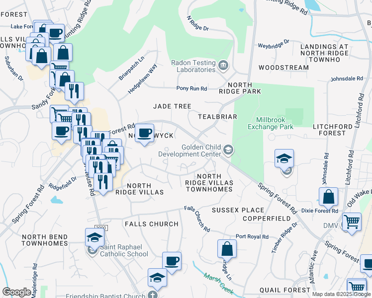 map of restaurants, bars, coffee shops, grocery stores, and more near 6425 Meadow View Drive in Raleigh