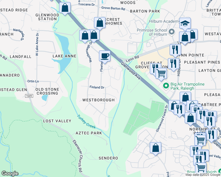 map of restaurants, bars, coffee shops, grocery stores, and more near 7908 Finland Drive in Raleigh
