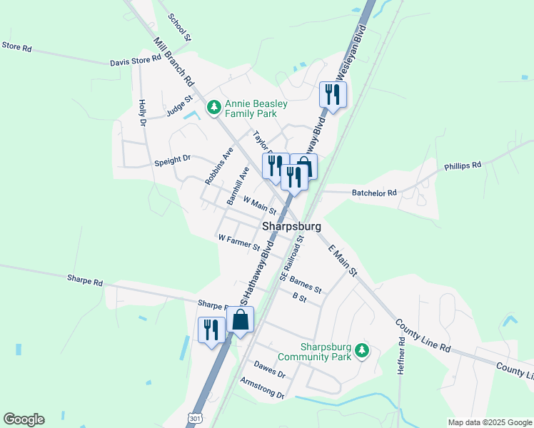 map of restaurants, bars, coffee shops, grocery stores, and more near 225 West Main Street in Elm City