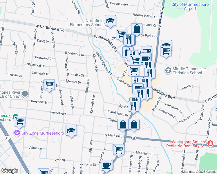 map of restaurants, bars, coffee shops, grocery stores, and more near 600 Dusan Boulevard in Murfreesboro