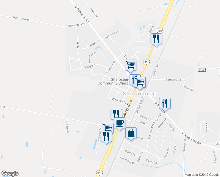 map of restaurants, bars, coffee shops, grocery stores, and more near 400 Exchange Lane in Rocky Mount