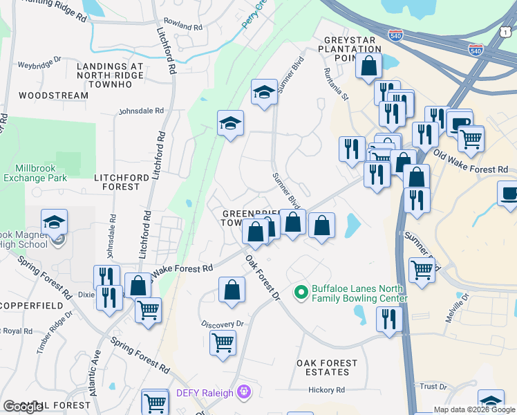 map of restaurants, bars, coffee shops, grocery stores, and more near 2911 Berkeley Springs Place in Raleigh