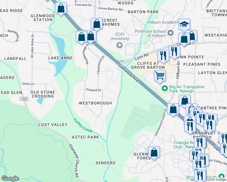 map of restaurants, bars, coffee shops, grocery stores, and more near 6234 Pesta Court in Raleigh