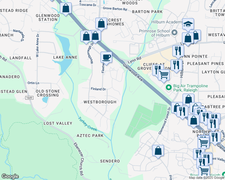 map of restaurants, bars, coffee shops, grocery stores, and more near 7908 Finland Drive in Raleigh