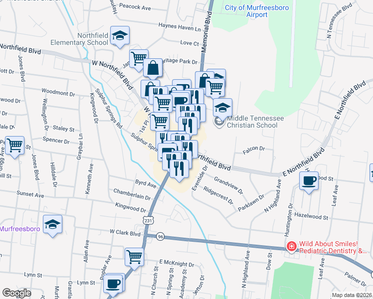 map of restaurants, bars, coffee shops, grocery stores, and more near 110 East Northfield Boulevard in Murfreesboro