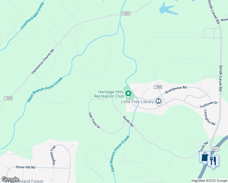 map of restaurants, bars, coffee shops, grocery stores, and more near 603 Booth Road in Chapel Hill