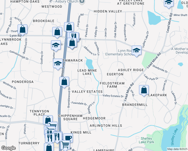 map of restaurants, bars, coffee shops, grocery stores, and more near 6418 Belle Crest Drive in Raleigh