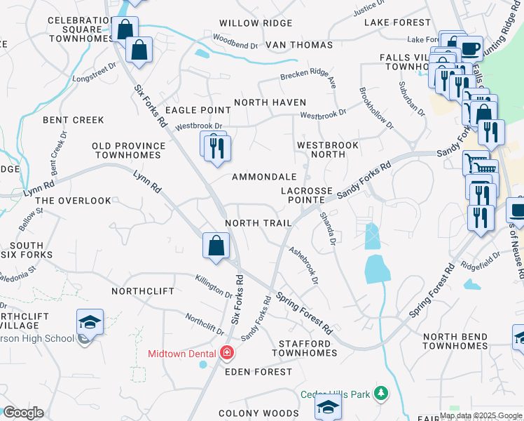 map of restaurants, bars, coffee shops, grocery stores, and more near 220 Woods Ream Drive in Raleigh