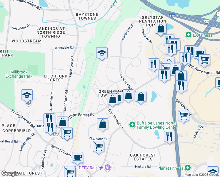 map of restaurants, bars, coffee shops, grocery stores, and more near 2929 Berkeley Springs Place in Raleigh