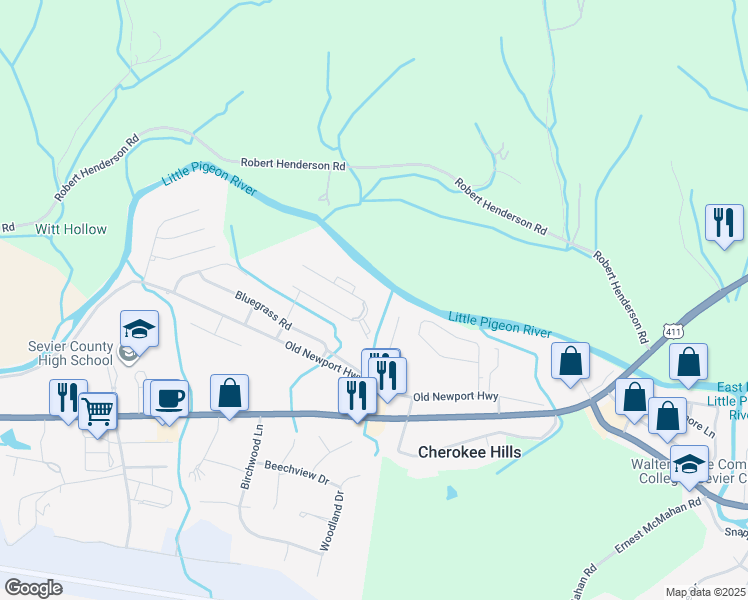map of restaurants, bars, coffee shops, grocery stores, and more near 260 River Valley Circle in Sevierville