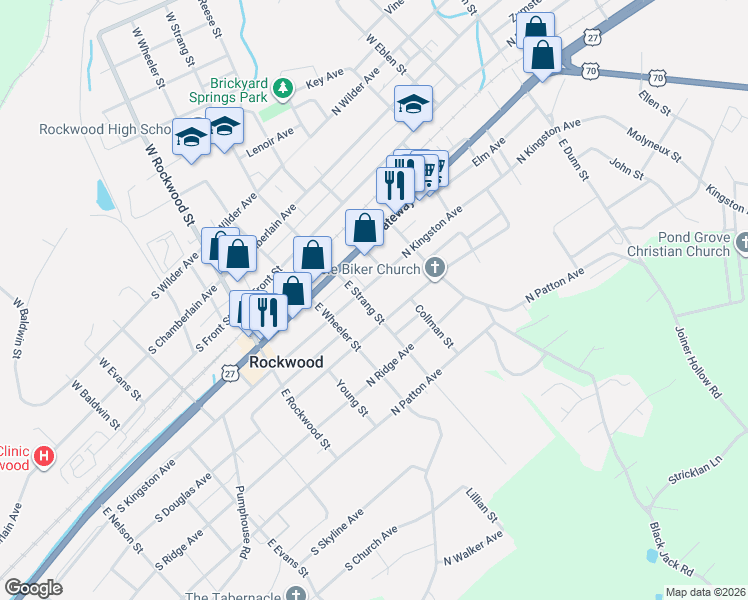 map of restaurants, bars, coffee shops, grocery stores, and more near 314 North Kingston Avenue in Rockwood