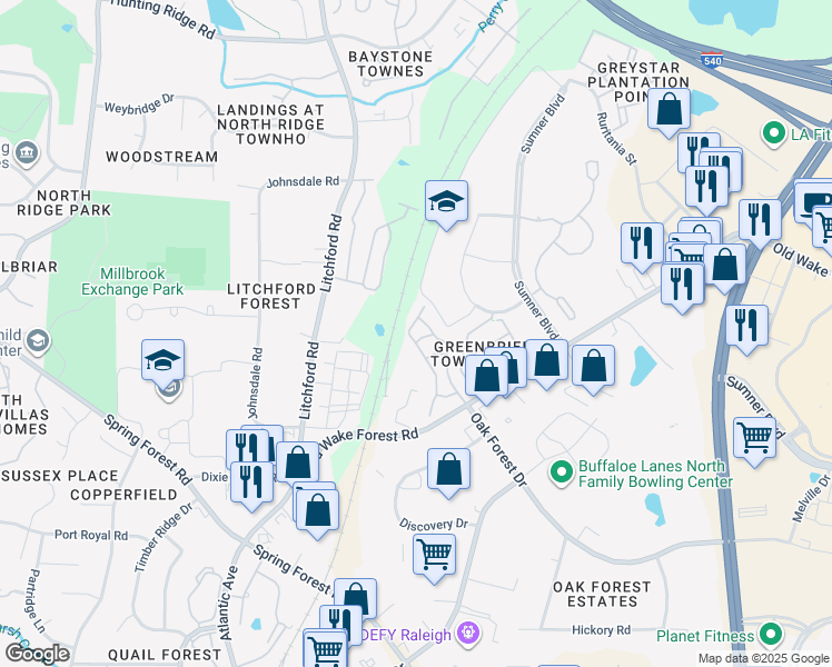map of restaurants, bars, coffee shops, grocery stores, and more near 2520 Torquay Crossing in Raleigh