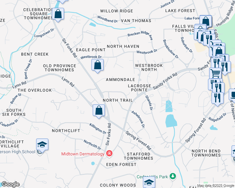map of restaurants, bars, coffee shops, grocery stores, and more near 216 Woods Ream Drive in Raleigh