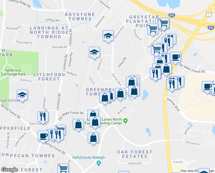 map of restaurants, bars, coffee shops, grocery stores, and more near 2911 Berkeley Springs Place in Raleigh