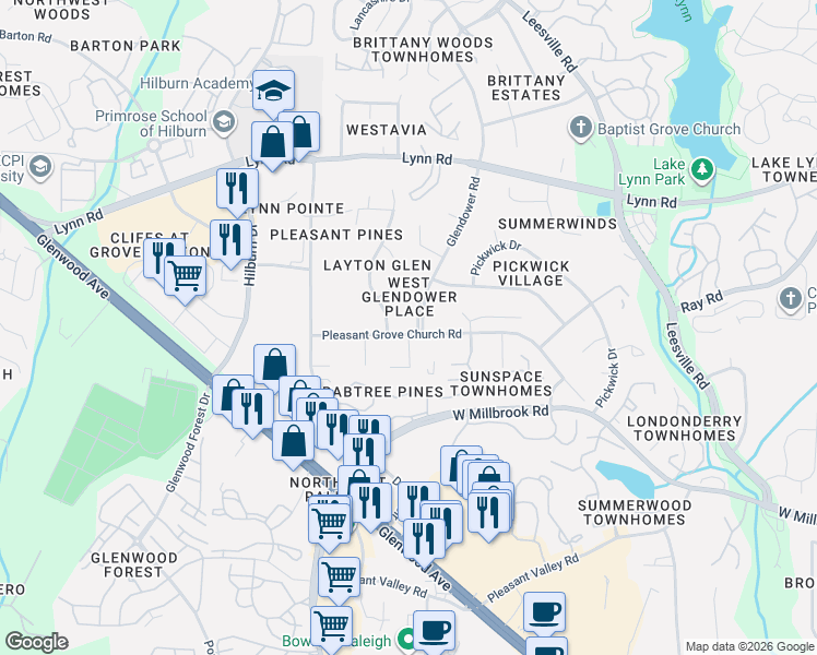 map of restaurants, bars, coffee shops, grocery stores, and more near 6504 Hammersmith Drive in Raleigh