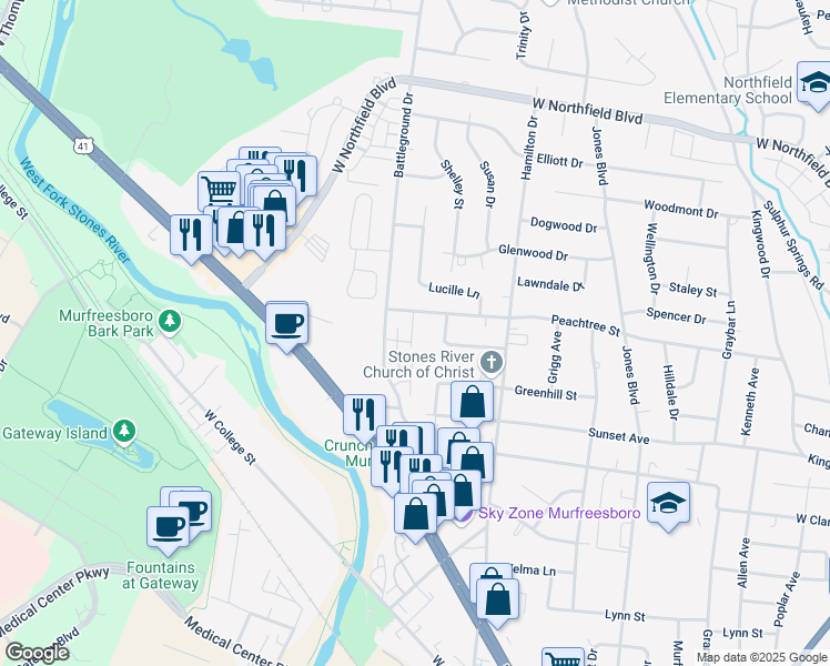 map of restaurants, bars, coffee shops, grocery stores, and more near 1623 Shelley Street in Murfreesboro