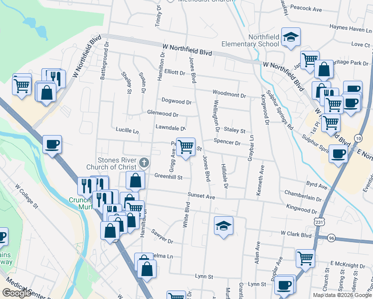 map of restaurants, bars, coffee shops, grocery stores, and more near 903 Peachtree Street in Murfreesboro