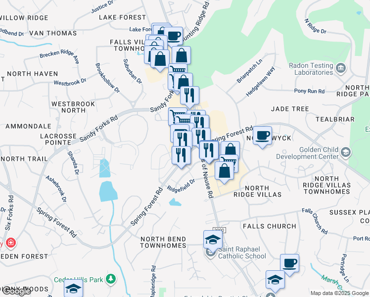 map of restaurants, bars, coffee shops, grocery stores, and more near 913 Spring Forest Road in Raleigh