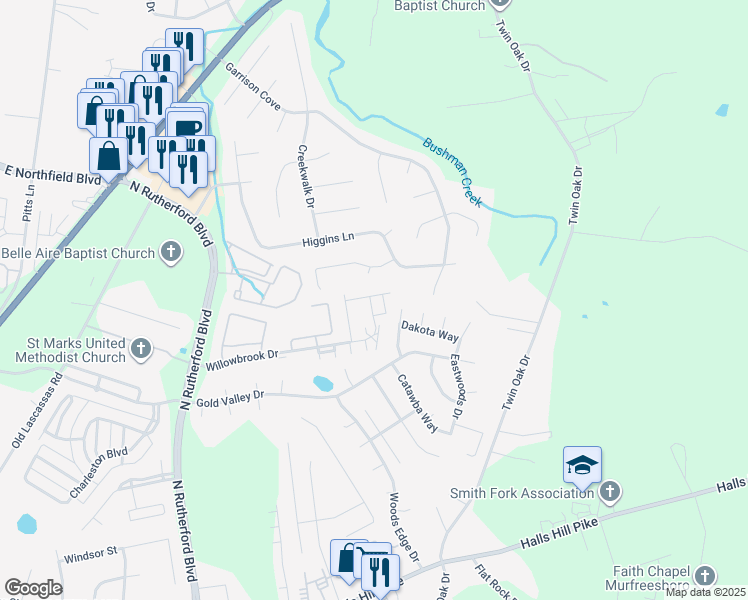 map of restaurants, bars, coffee shops, grocery stores, and more near 1802 Sawtooth Court in Murfreesboro